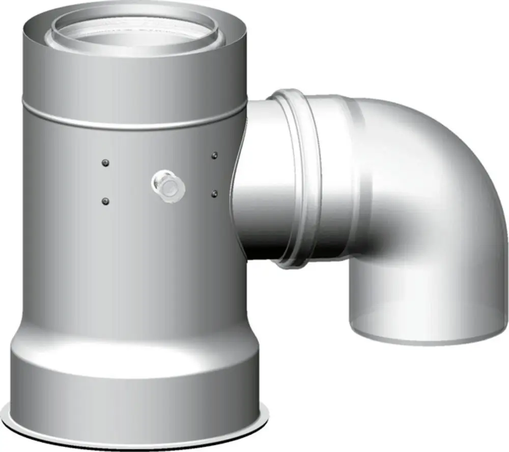 Adapter aus Metall mit zwei Anschlüssen und einem abgewinkelten Rohr für den raumluftunabhängigen Betrieb, geeignet für Systeme von Wolf.